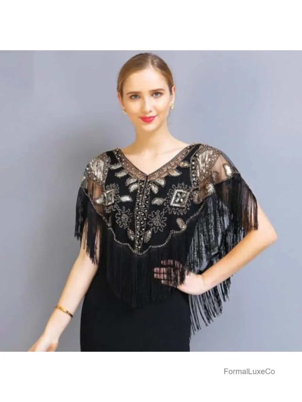 1920s Sequin Beaded Flapper Evening Shawl Wrap Short Capelet Cover Up